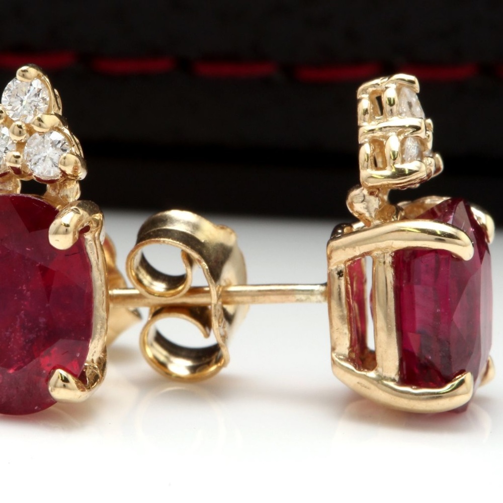 4.20ct Red Ruby & Diamond 14K Yellow Gold Earrings - Picture 2 of 4